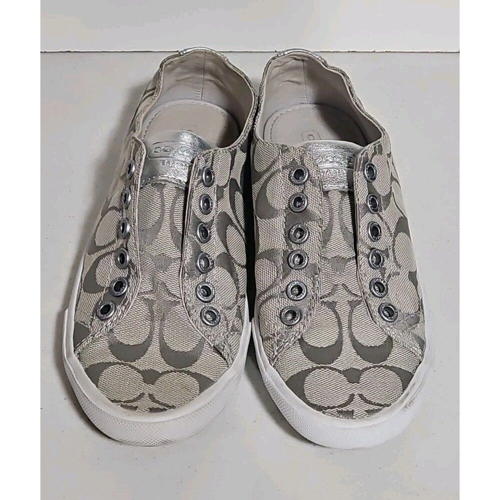 Coach Audrina Signature Canvas Sneakers -Shoes Gray Metallic silve Women Sz 6b